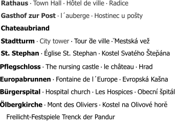 Gasthof zur Postㆍl´aubergeㆍHostinec u pošty Chateaubriand StadtturmㆍCity towerㆍTour de villeㆍMestská vež St. StephanㆍÉglise St. StephanㆍKostel Svatého Štepána PflegschlossㆍThe nursing castleㆍle châteauㆍHrad EuropabrunnenㆍFontaine de l´EuropeㆍEvropská Kašna BürgerspitalㆍHospital churchㆍLes HospicesㆍObecní špitál Freilicht-Festspiele Trenck der Pandur RathausㆍTown HallㆍHôtel de villeㆍRadice ÖlbergkircheㆍMont des OliviersㆍKostel na Olivové hore