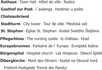 Gasthof zur Postㆍl´aubergeㆍHostinec u pošty Chateaubriand StadtturmㆍCity towerㆍTour de villeㆍMestská vež St. StephanㆍÉglise St. StephanㆍKostel Svatého Štepána PflegschlossㆍThe nursing castleㆍle châteauㆍHrad EuropabrunnenㆍFontaine de l´EuropeㆍEvropská Kašna BürgerspitalㆍHospital churchㆍLes HospicesㆍObecní špitál Freilicht-Festspiele Trenck der Pandur RathausㆍTown HallㆍHôtel de villeㆍRadice ÖlbergkircheㆍMont des OliviersㆍKostel na Olivové hore